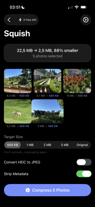 Squish main interface with 5 photos selected, target size presets, and compress button